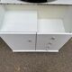 White wooden bathroom furniture with chrome compass legs, Mid-Century 1960.