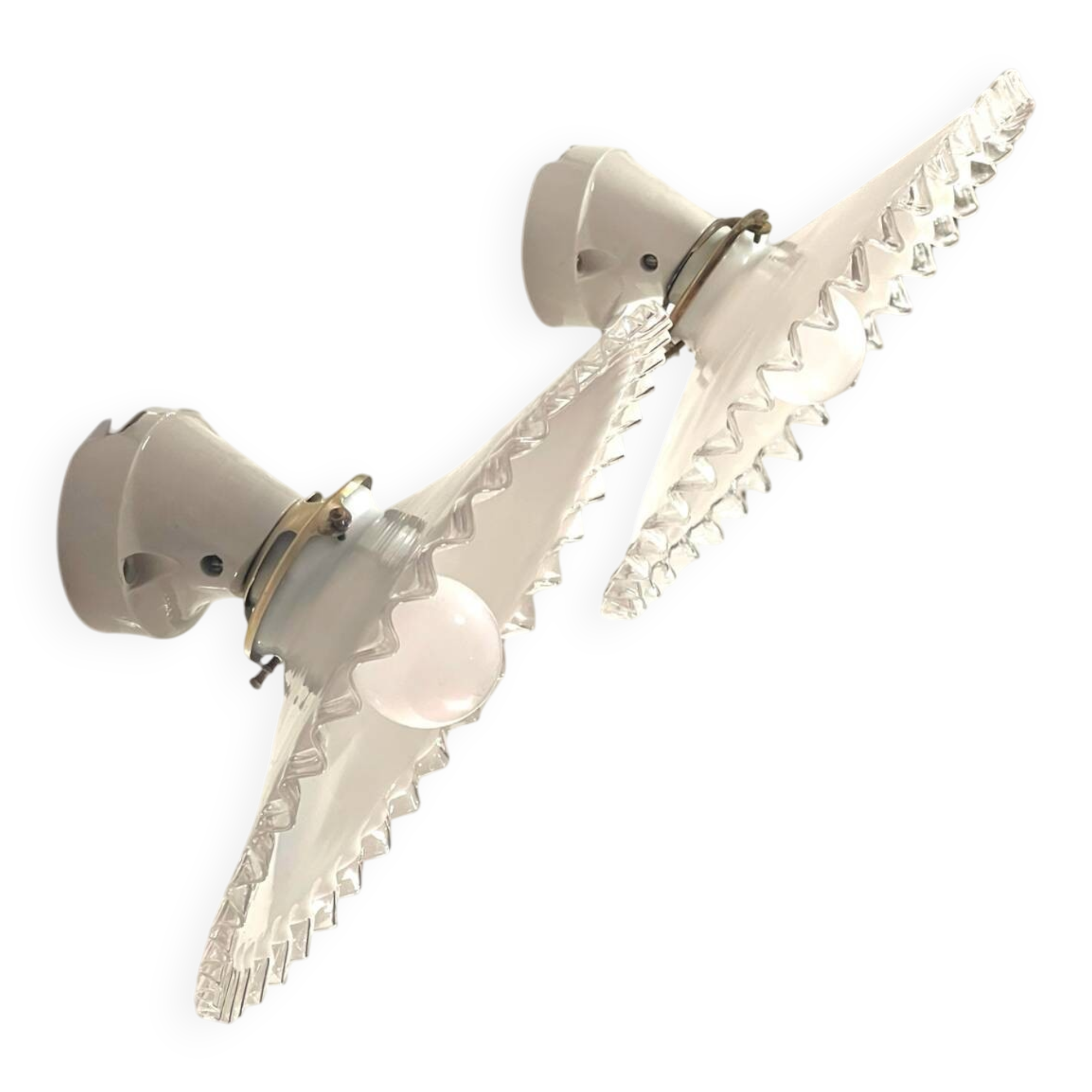 Pair of Art Deco wall sconces in scalloped opaline glass and porcelain
