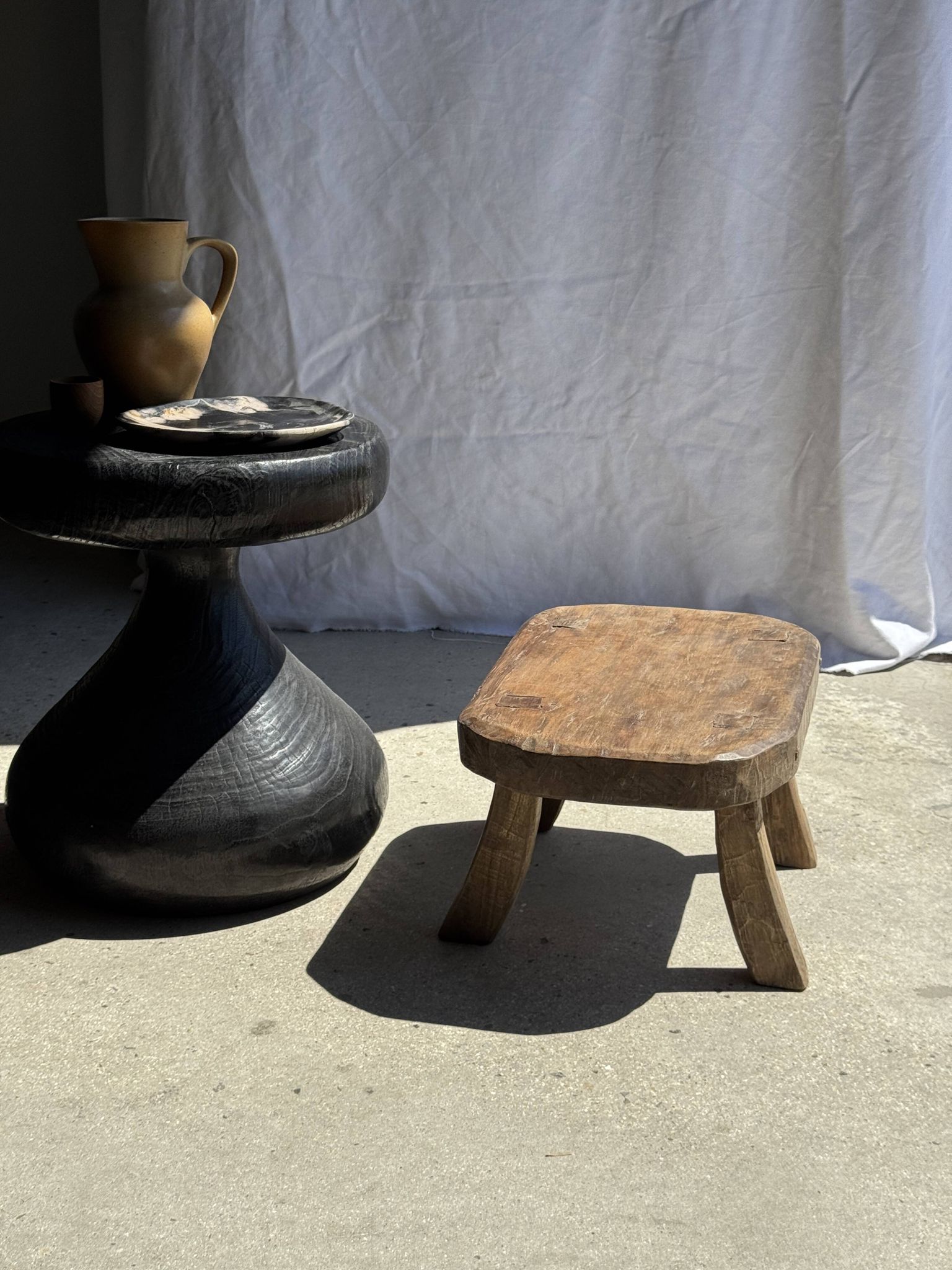 Small stool, rectangular rounded solid teak side table wabi-s