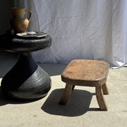 Small stool, rectangular rounded solid teak side table wabi-s