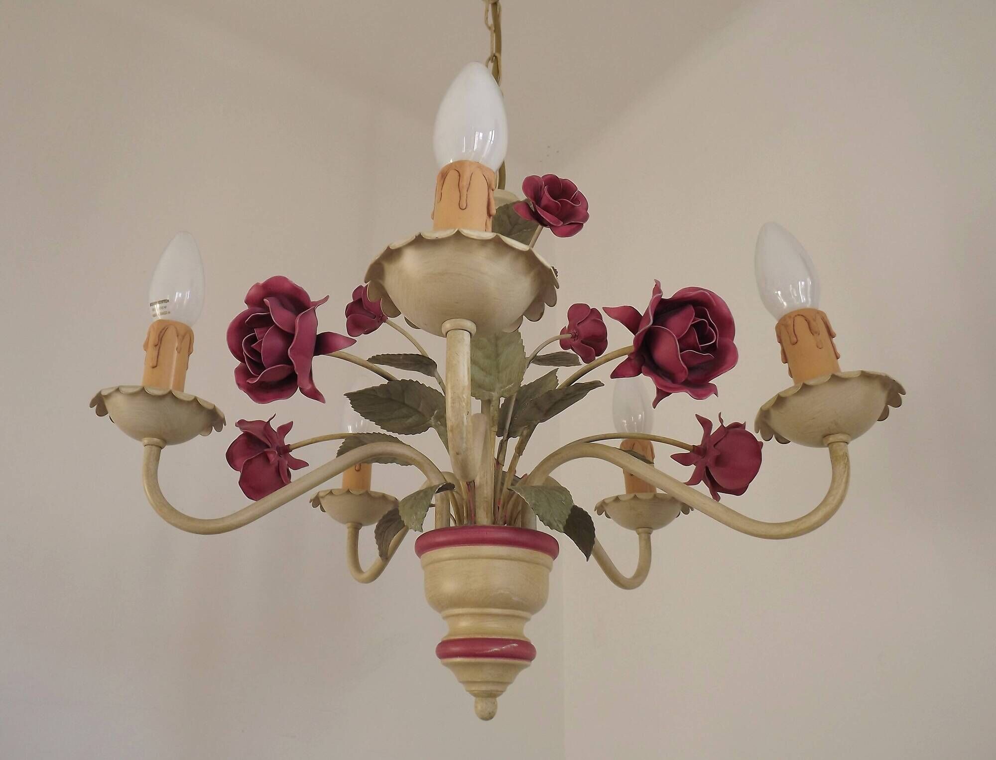French vintage metal deep pink rose and green leaf 5-light chandelier