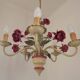 French vintage metal deep pink rose and green leaf 5-light chandelier