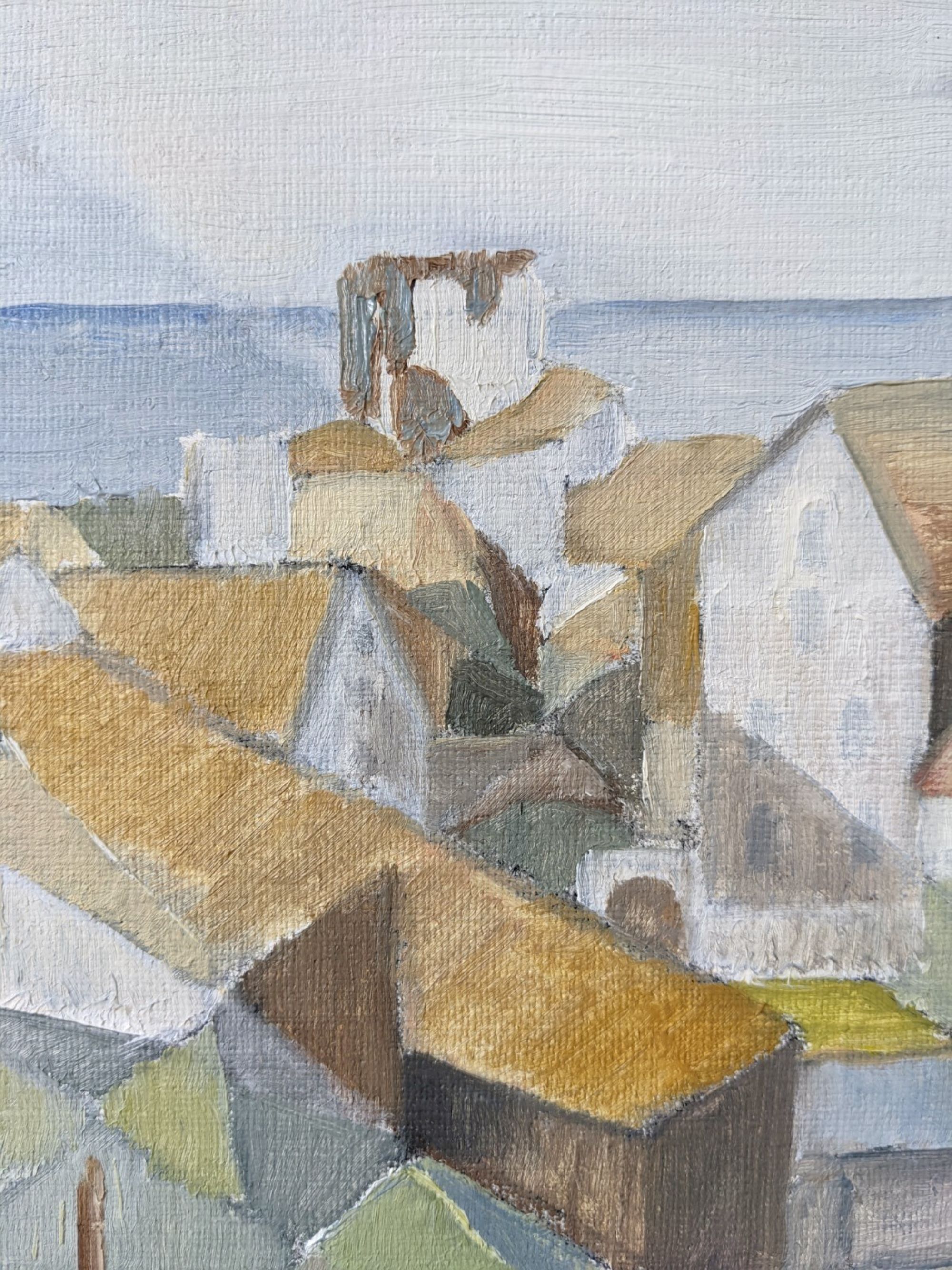 Framed Modernist Swedish Oil Painting "Cubist Coastal Town"