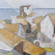 Framed Modernist Swedish Oil Painting "Cubist Coastal Town"