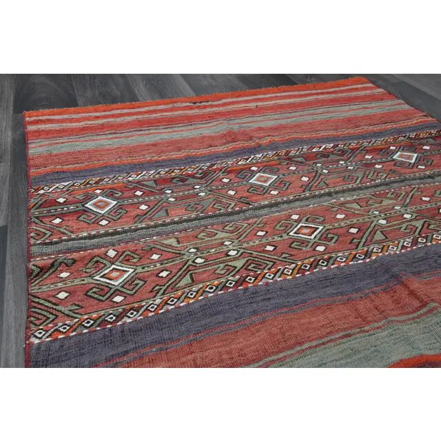 1970s Turkish hand-knotted wool cotton red kilim area rug 123x145