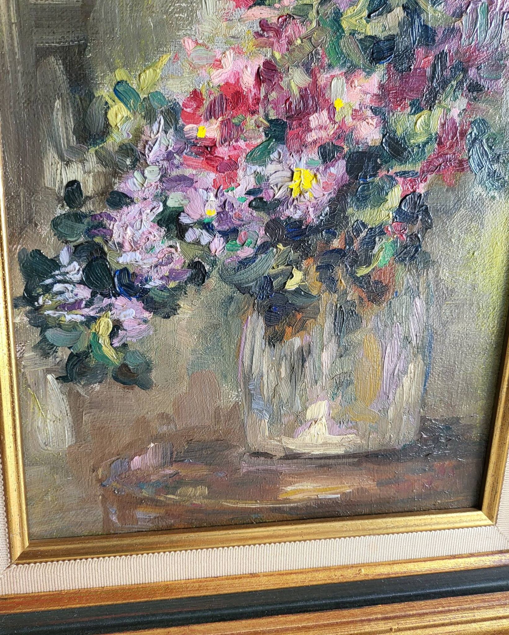 Still Life with Flower Bouquet Oil on Canvas Wooden Frame