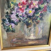 Still Life with Flower Bouquet Oil on Canvas Wooden Frame