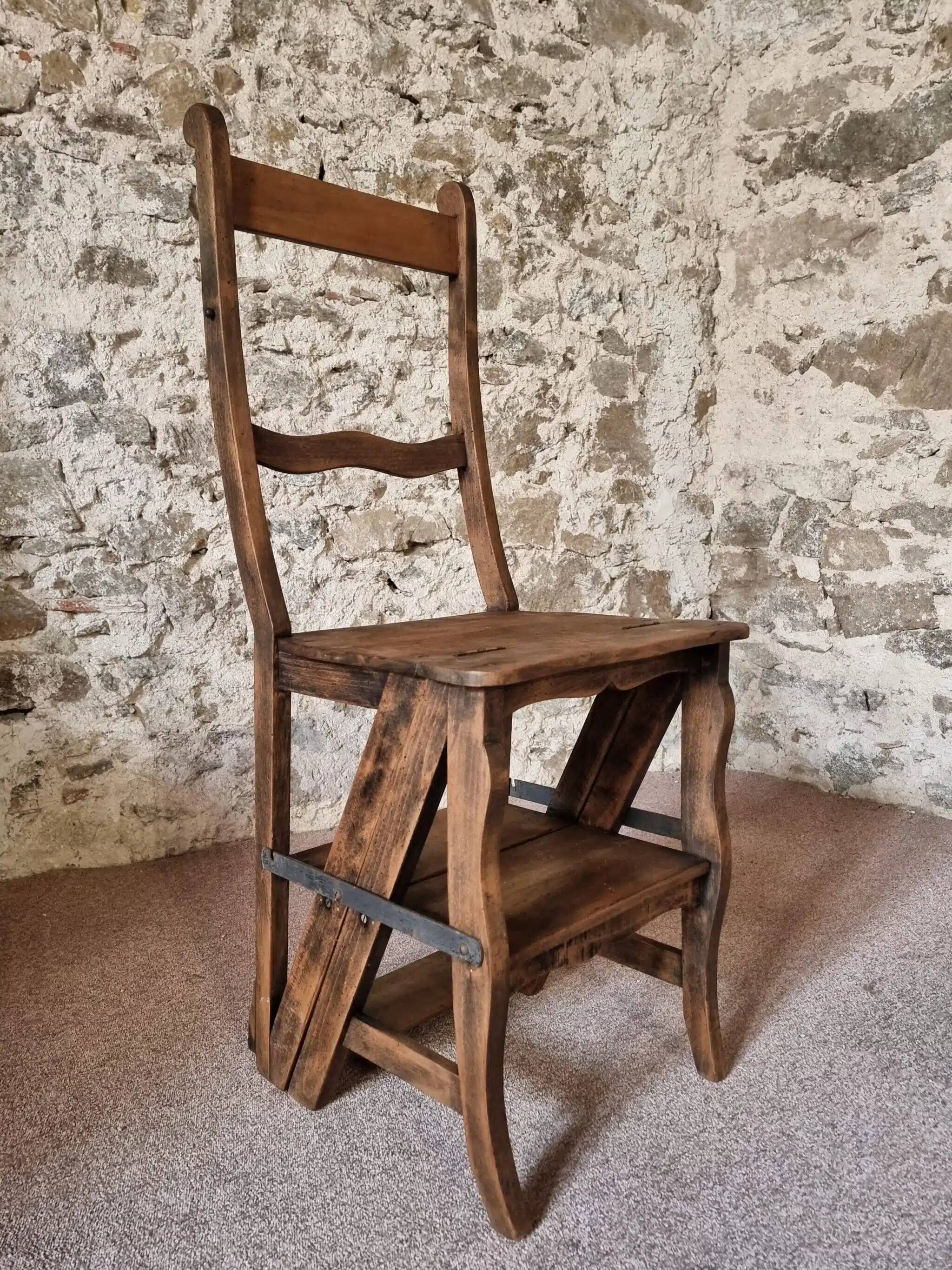 Chaise échelle de bibliothèque en chêne français antique – Tabouret escamotable