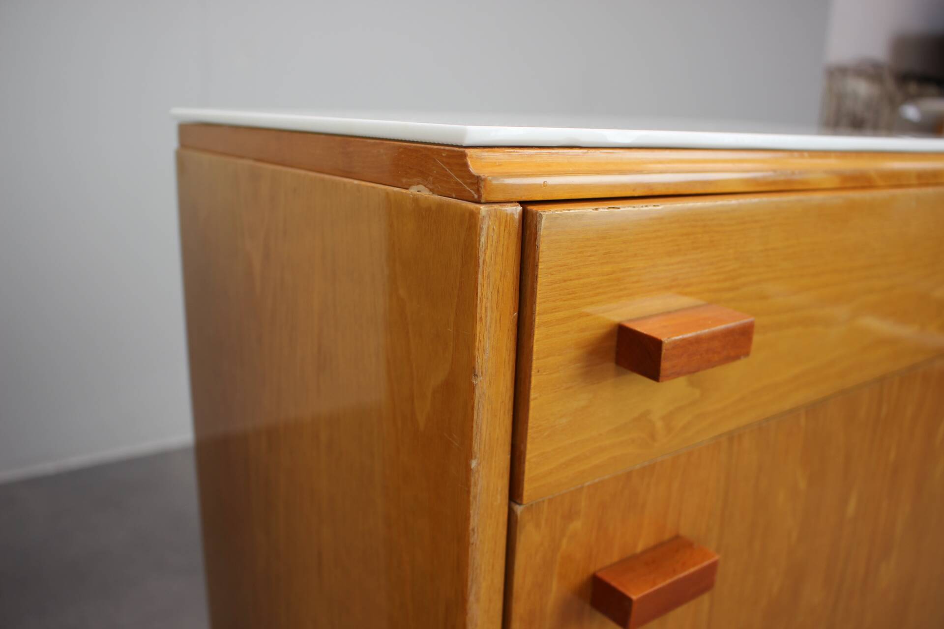 1960s František Mezulaník Mid-Century Maple Nightstands with Black and White Glass