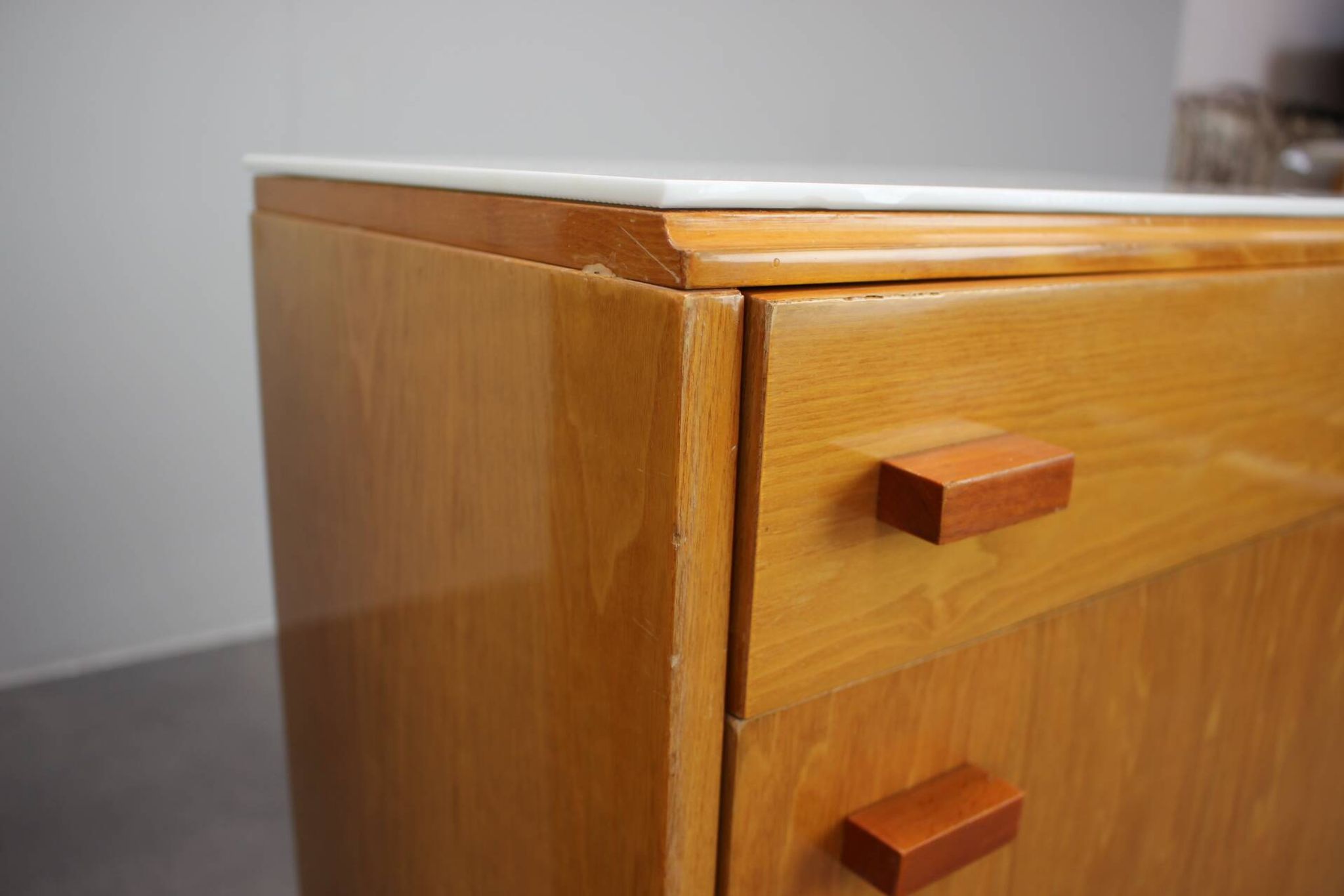 1960s František Mezulaník Mid-Century Maple Nightstands with Black and White Glass