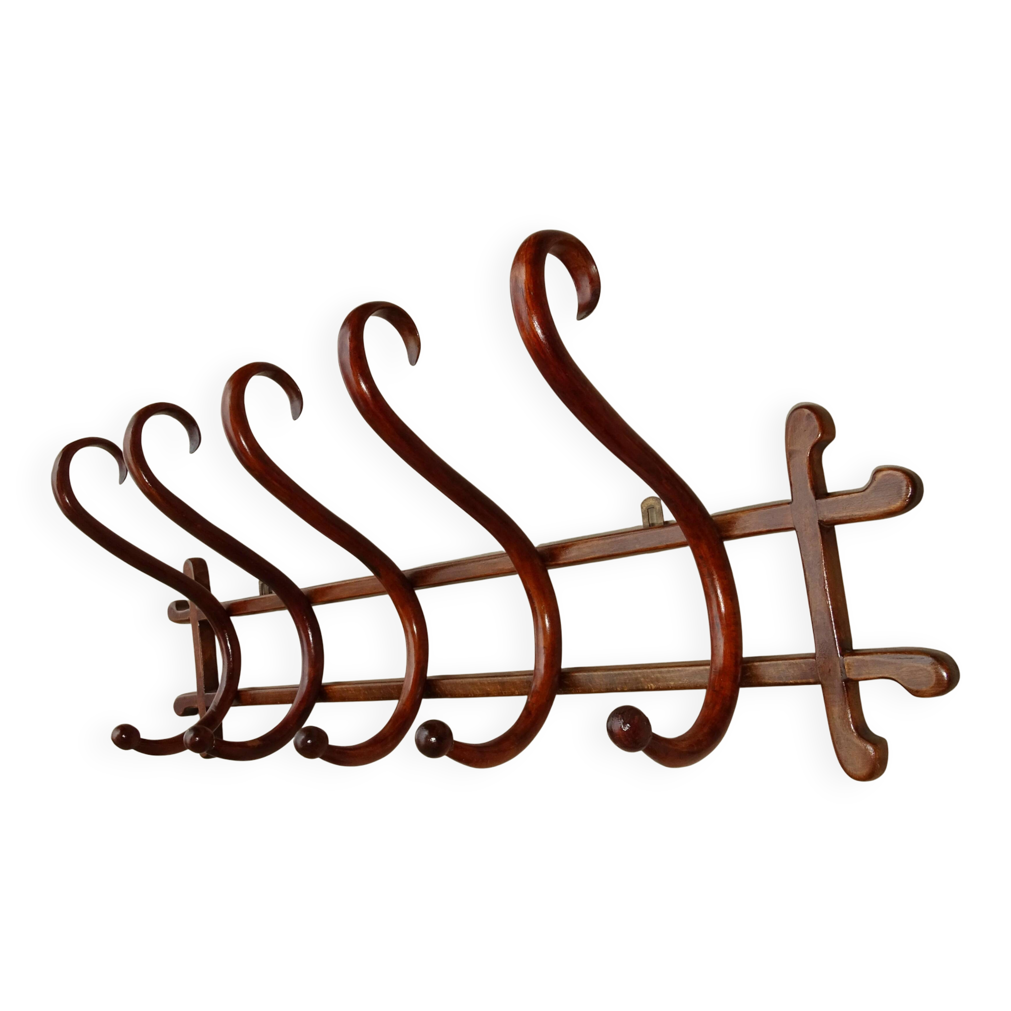 Wall-mounted coat and hat rack with 5 hooks by Thonet - 1900 - curved wood