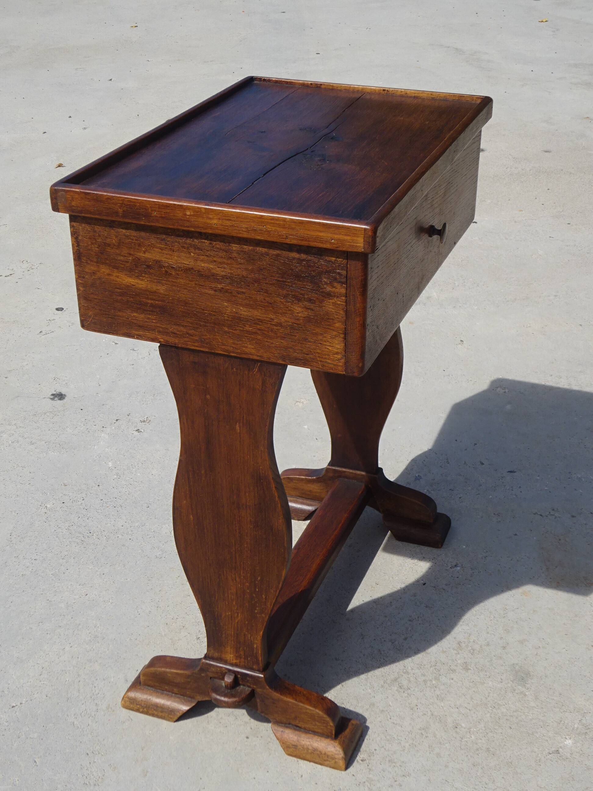 Bolster or end table with drawer, patina