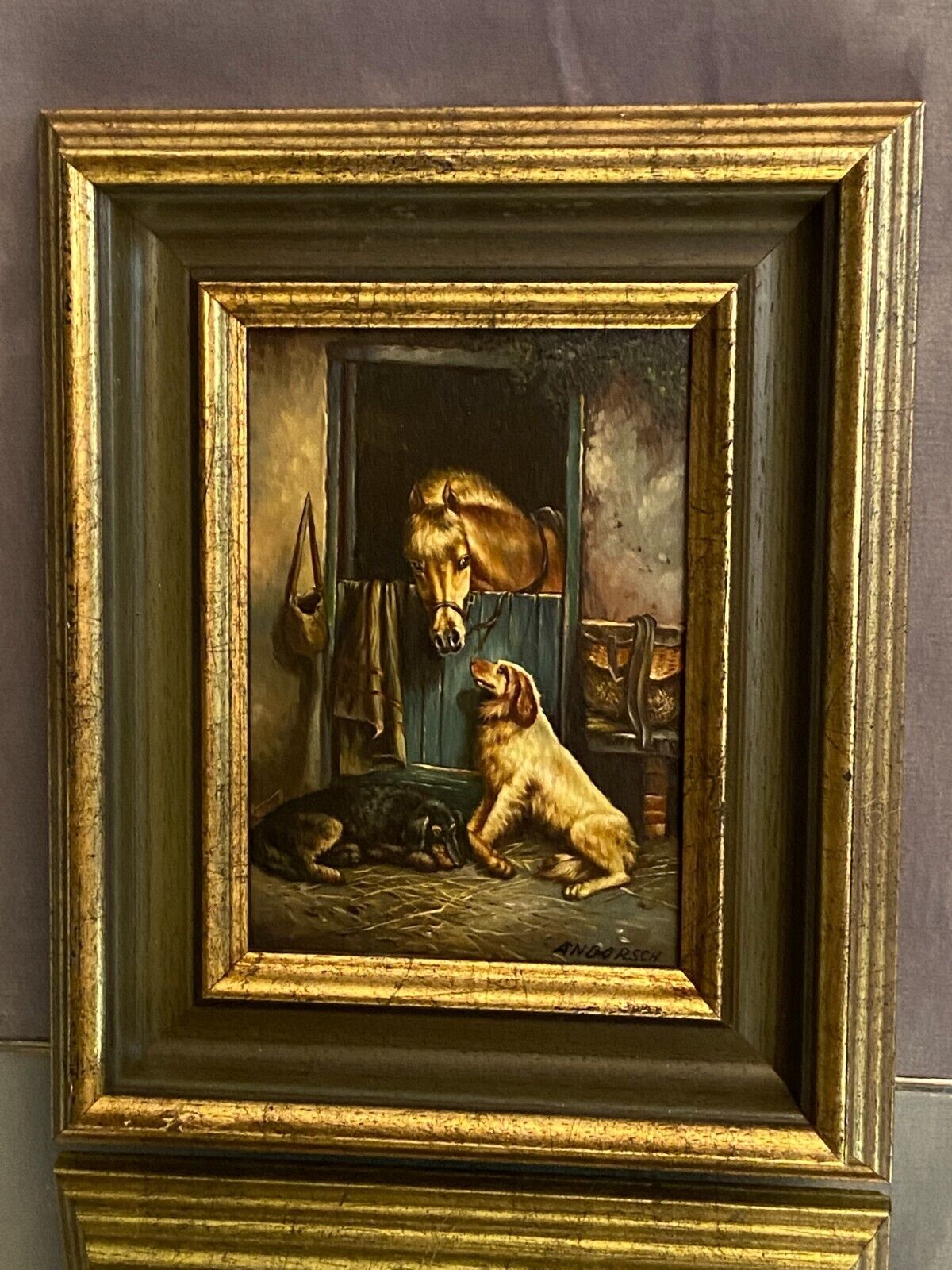 Painting signed Andorsch oil on panel with dogs and horse