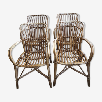 Serie de 4 fauteuils vintage en rotin