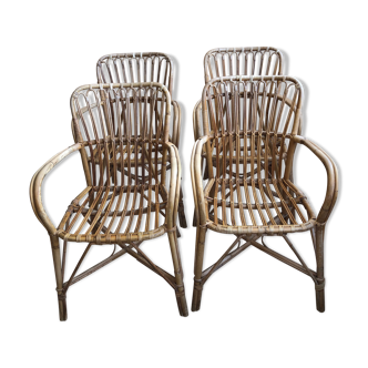 Series of 4 vintage rattan armchairs