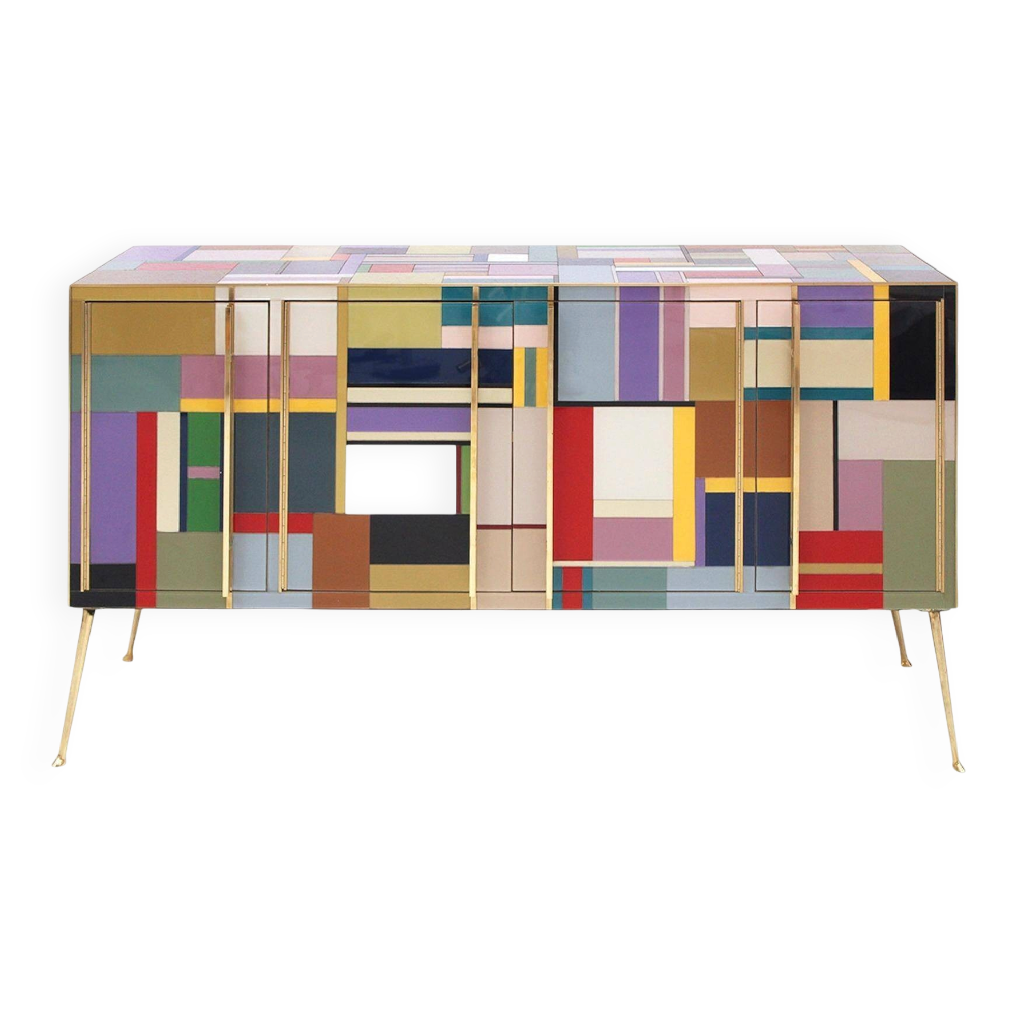 Mid-Century Style Sideboard, Newly Retrofitted in Colored Glass an Brass, Italy