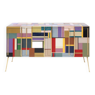 Mid-Century Style Sideboard, Newly Retrofitted in Colored Glass an Brass, Italy
