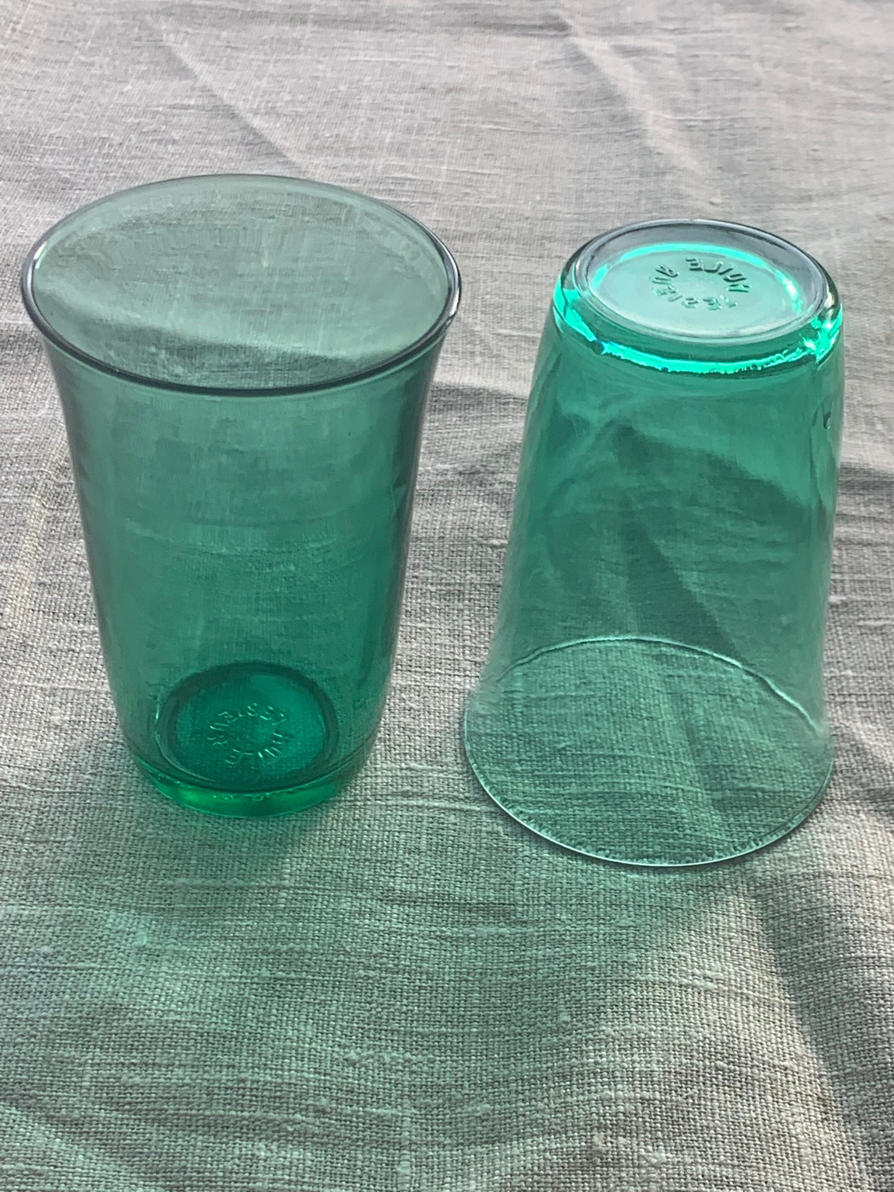 7 water glasses in green glass advertising vintage Lesieur oil