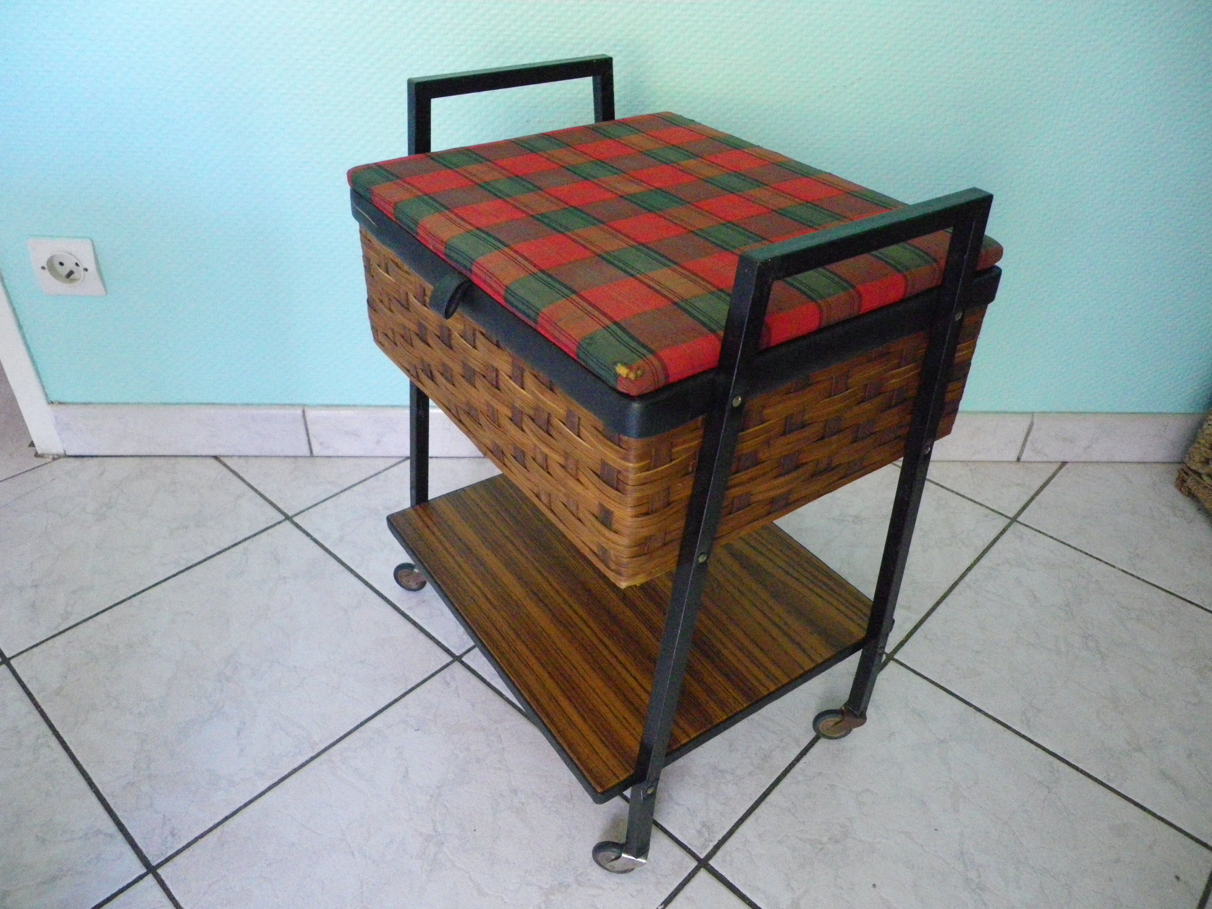 Vintage worker on wheels, rattan, fabric, skaÏ, metal with formica shelf