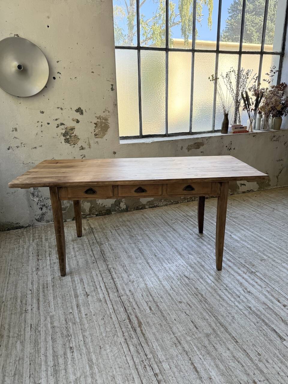 1950s pine and oak farmhouse table with multiple drawers