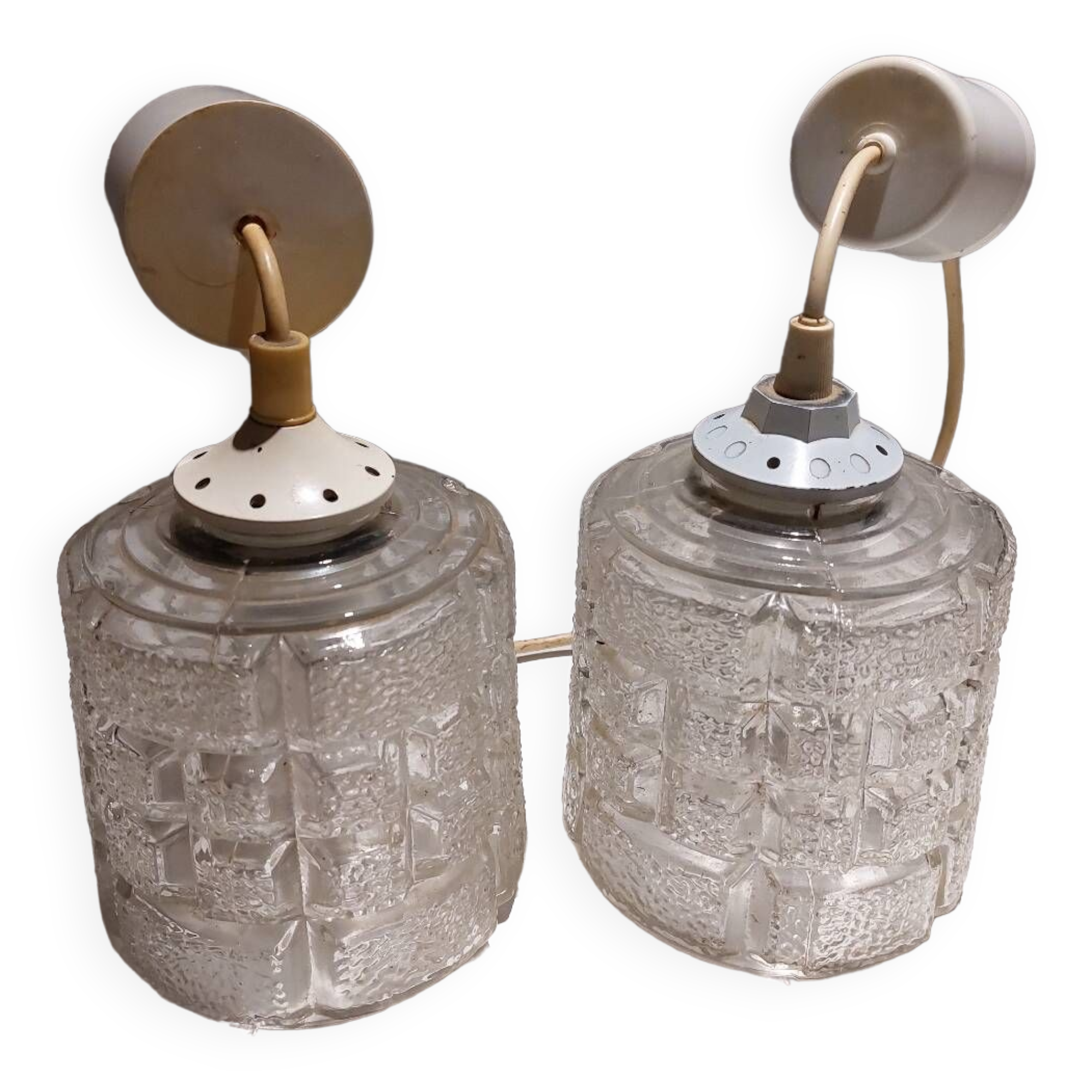 Pair of art deco textured glass chandeliers