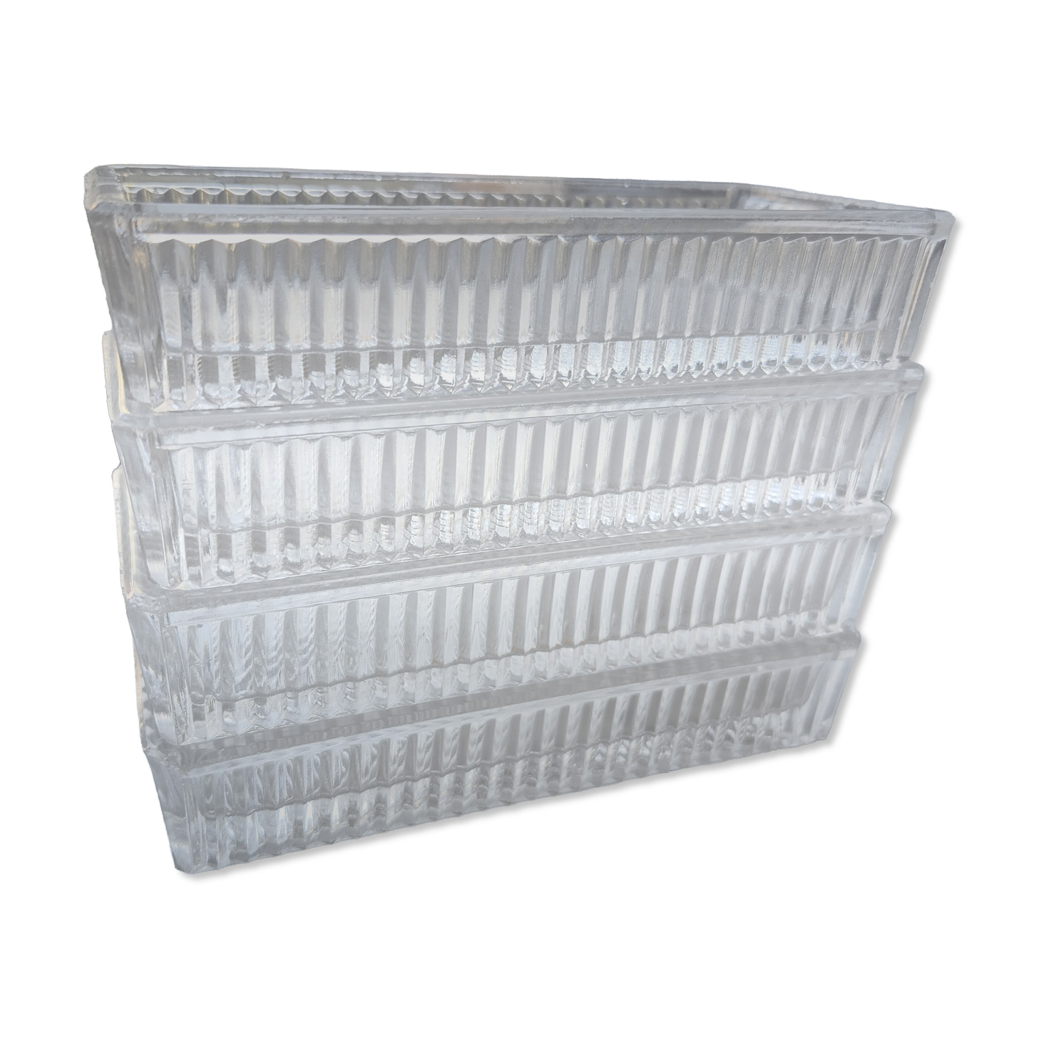 Set of 4 small bevelled and striped vintage glass trays / catchalls.