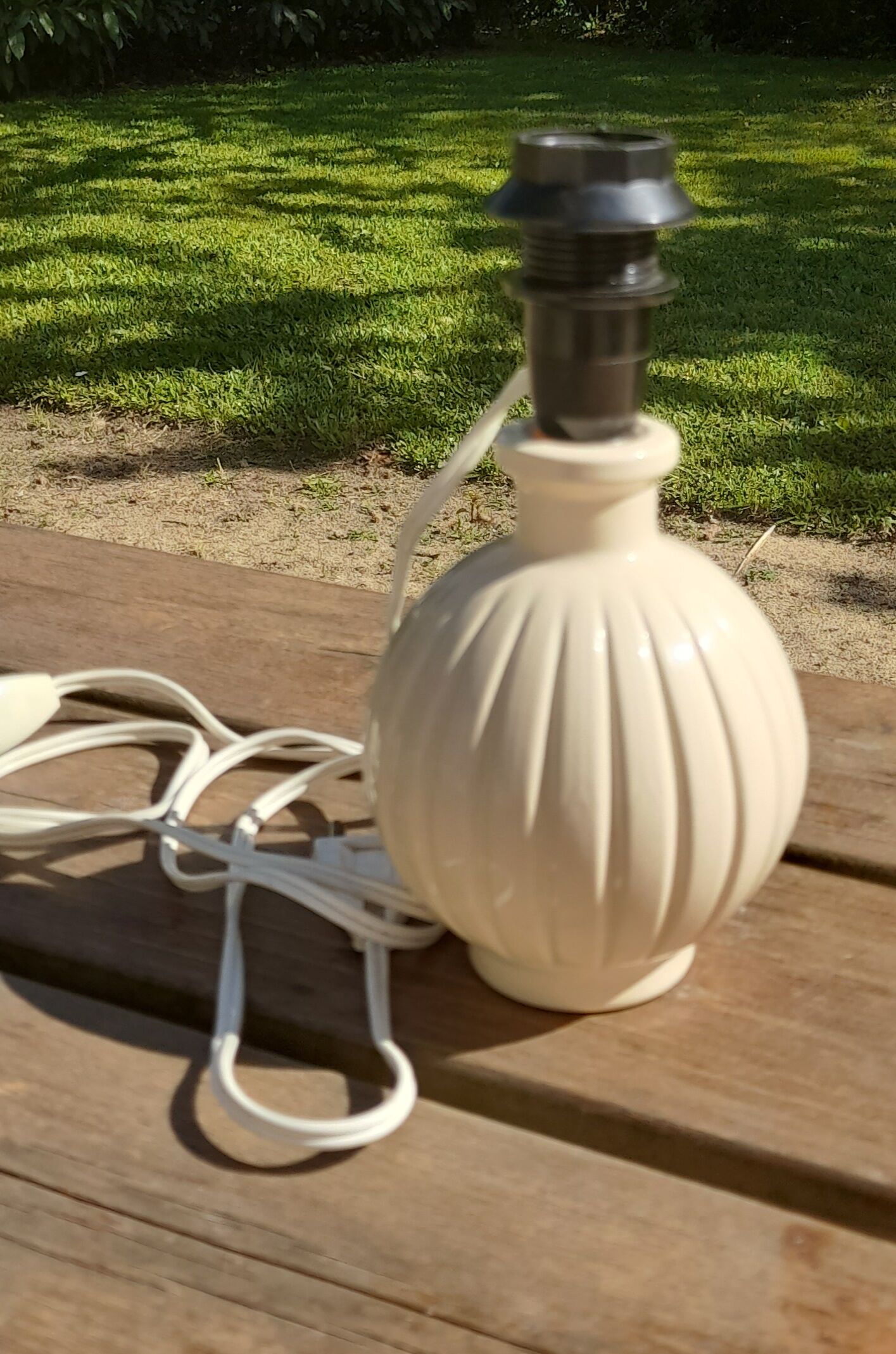 Bedside lamp, ceramic ball foot cream, blue lampshade, circa 70's