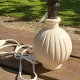 Bedside lamp, ceramic ball foot cream, blue lampshade, circa 70's