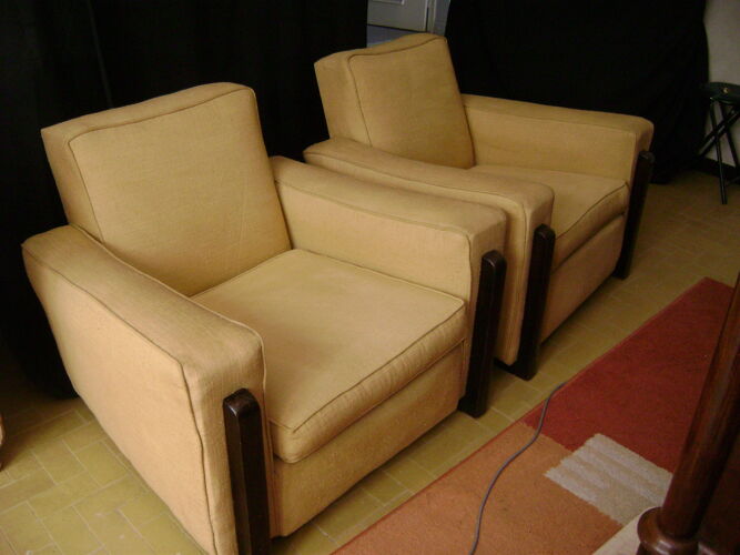 Paire de fauteuils des années 1970 coton perlé bouclette jaune