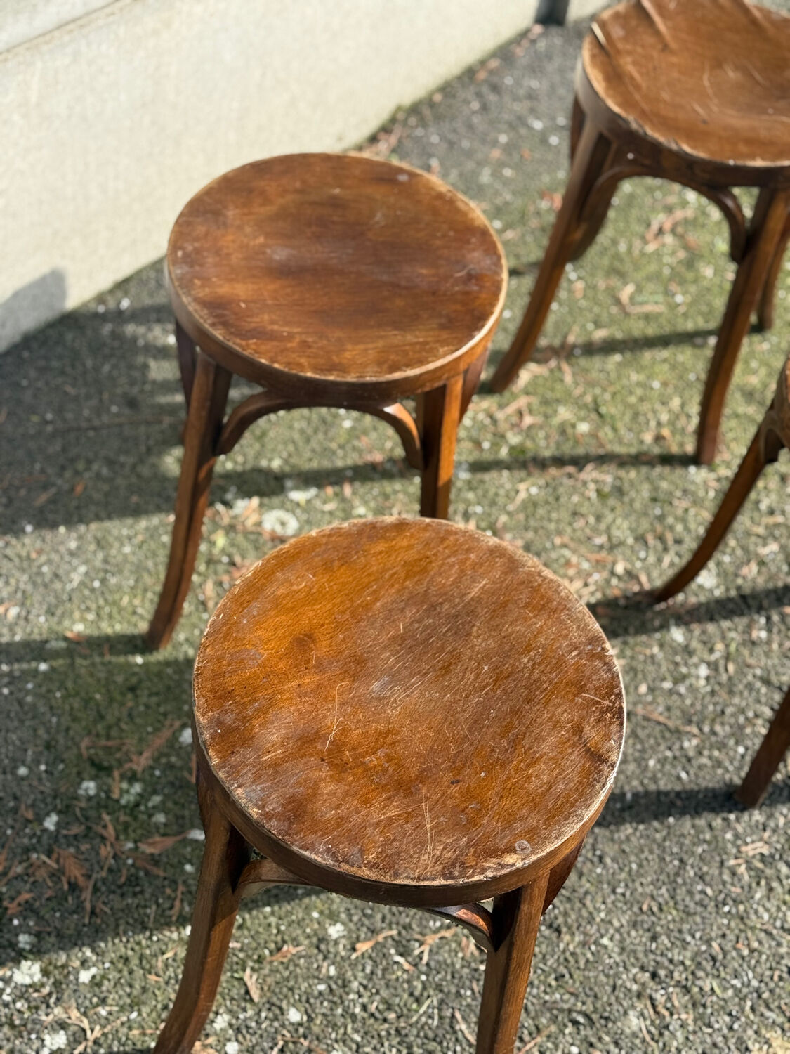 Set of four curved wooden stools stamped Baumann model 92.