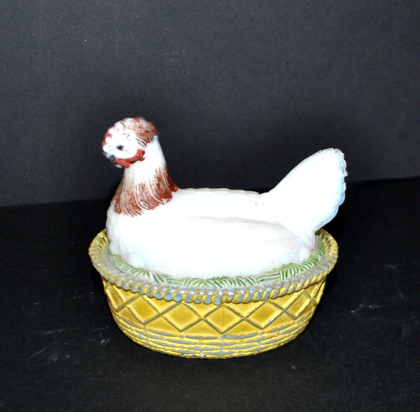 Portieux painted opaline glass hen candy box