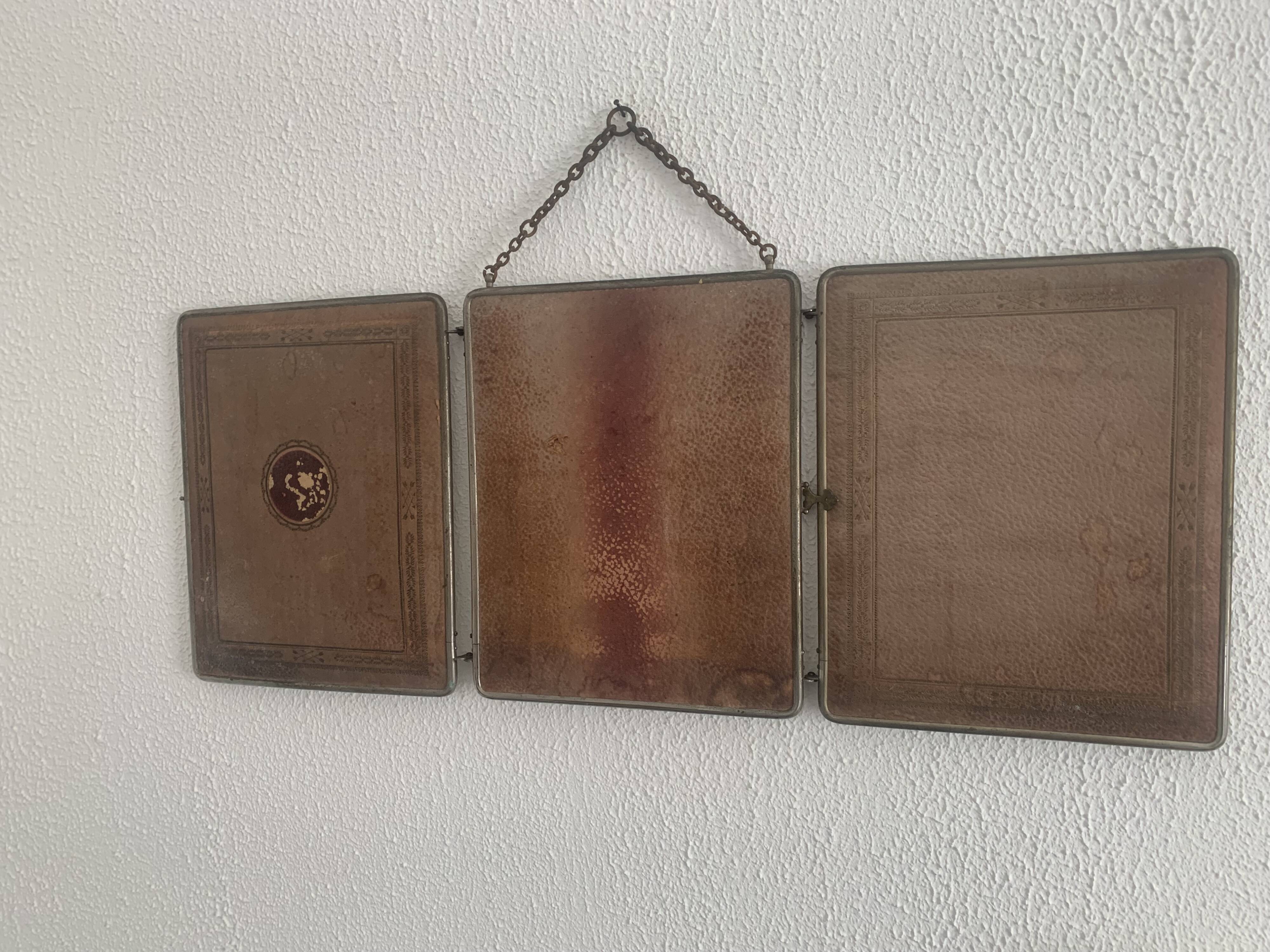 Vintage 1900 triptych mirror, old pink nickel-plated metal - 31 x 76 cm