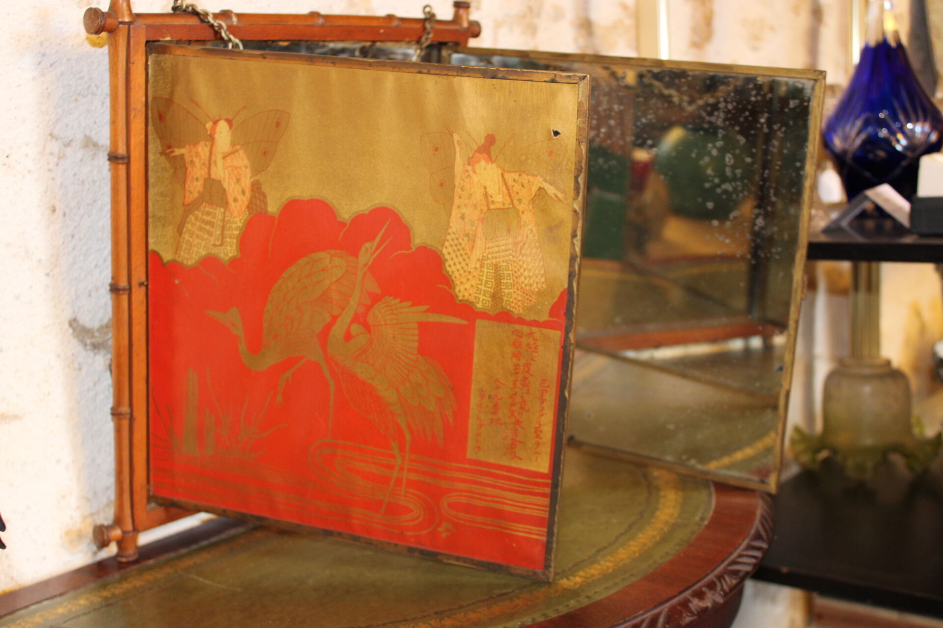 Bamboo triptych mirror, barber circa 1900