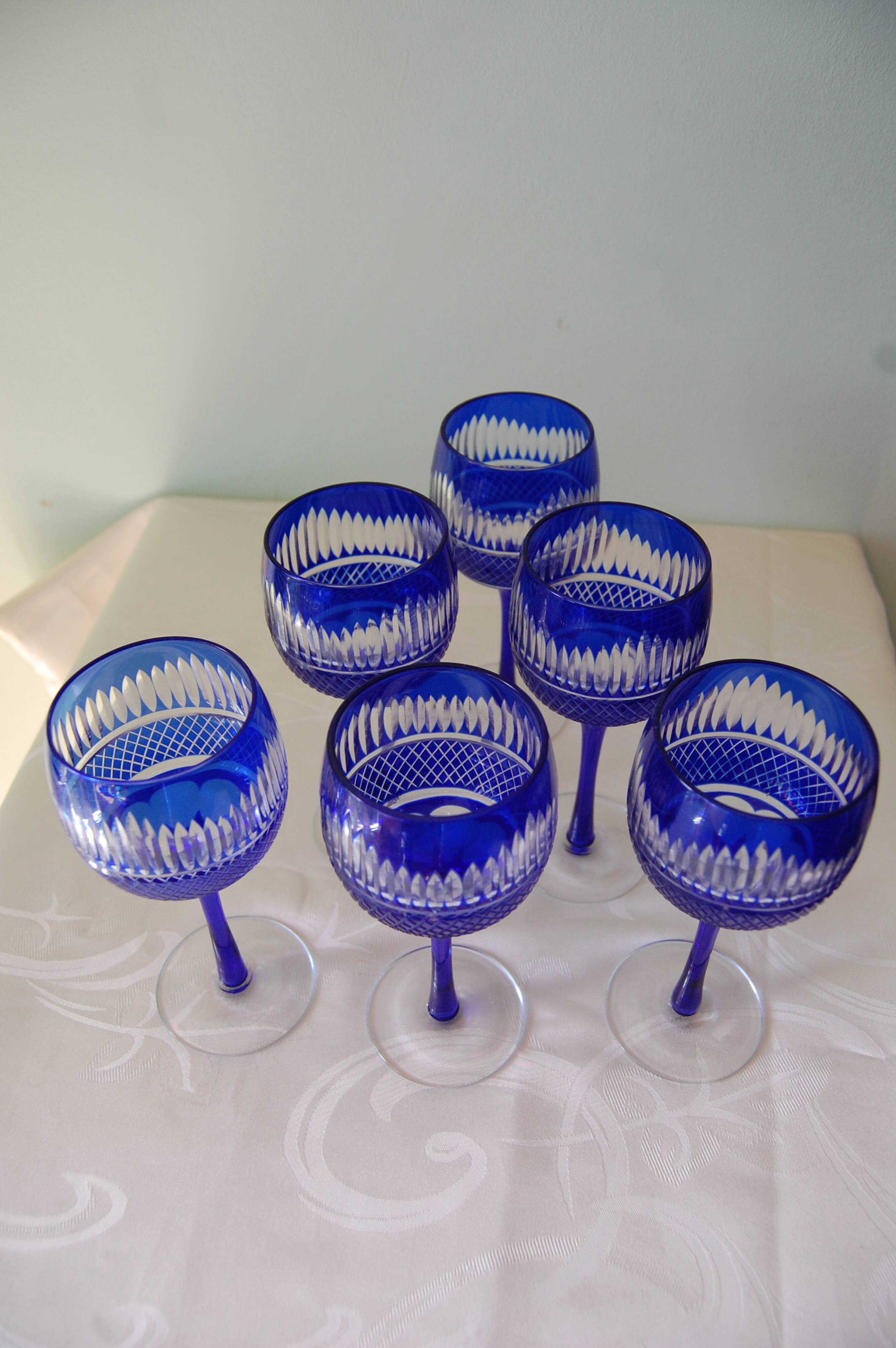 6 colored and engraved glass stemmed glasses