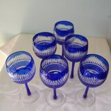 6 colored and engraved glass stemmed glasses