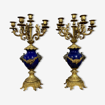 Pair of large Louis XVI style chandeliers in midnight blue ceramic and gilded bronze circa 1850