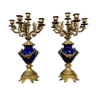 Pair of large Louis XVI style chandeliers in midnight blue ceramic and gilded bronze circa 1850