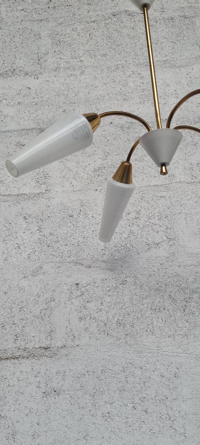 Brass and white opaline chandelier