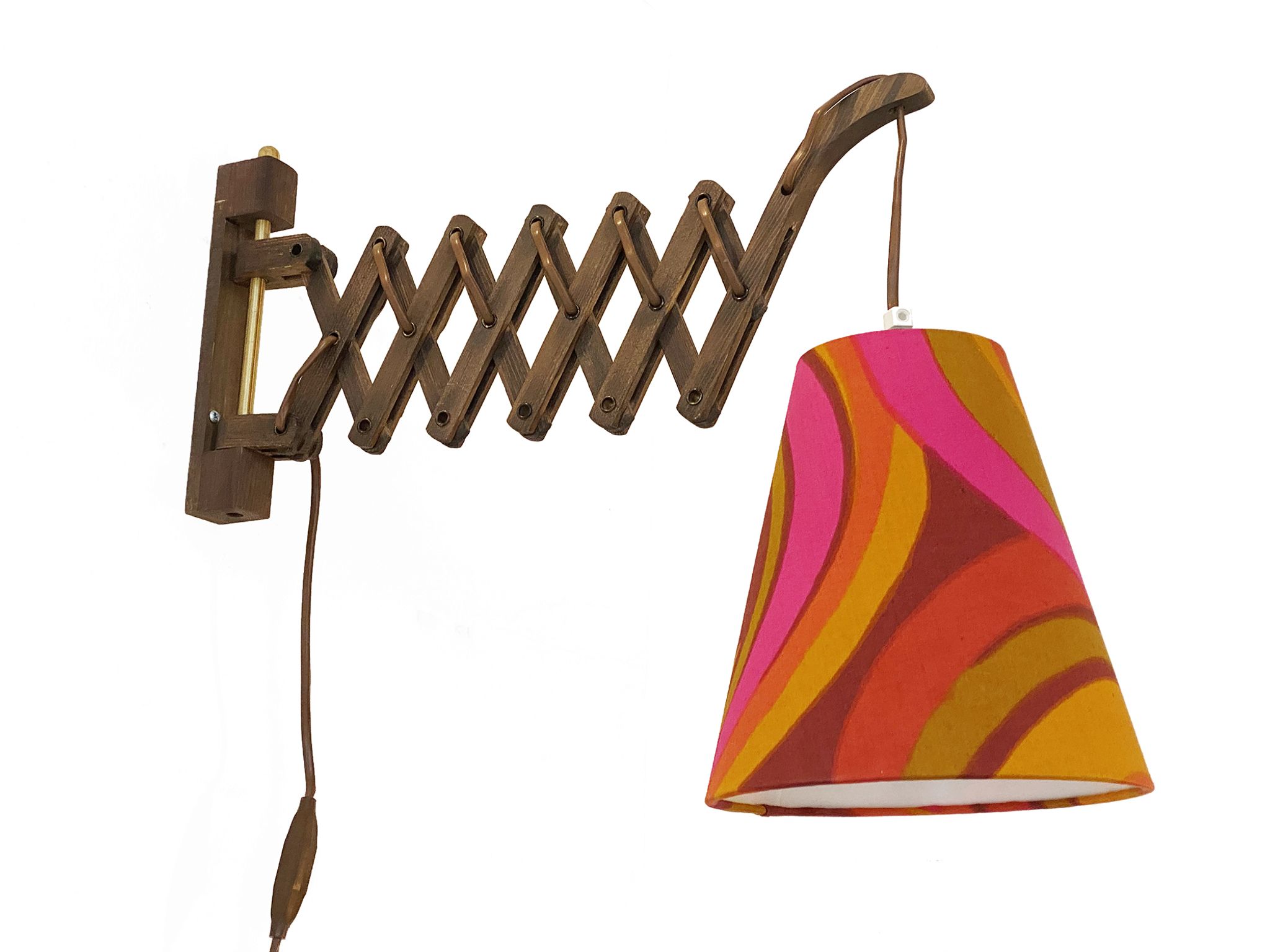 Wall lamp/scissor lamp with new shade from repurposed 1960s printed fabric by Metsovaara . Sweden 19