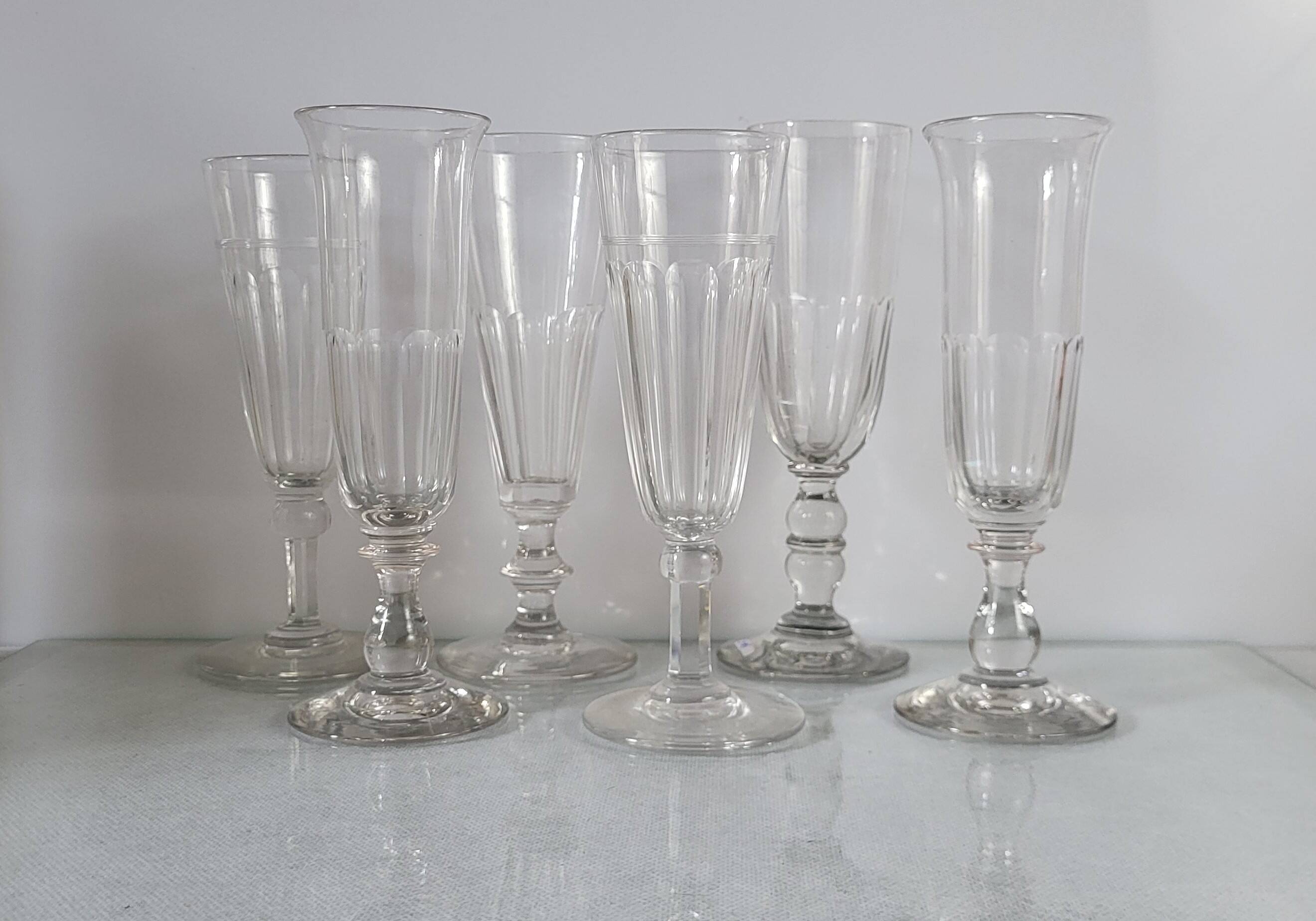 6 19th century champagne flutes / mismatched