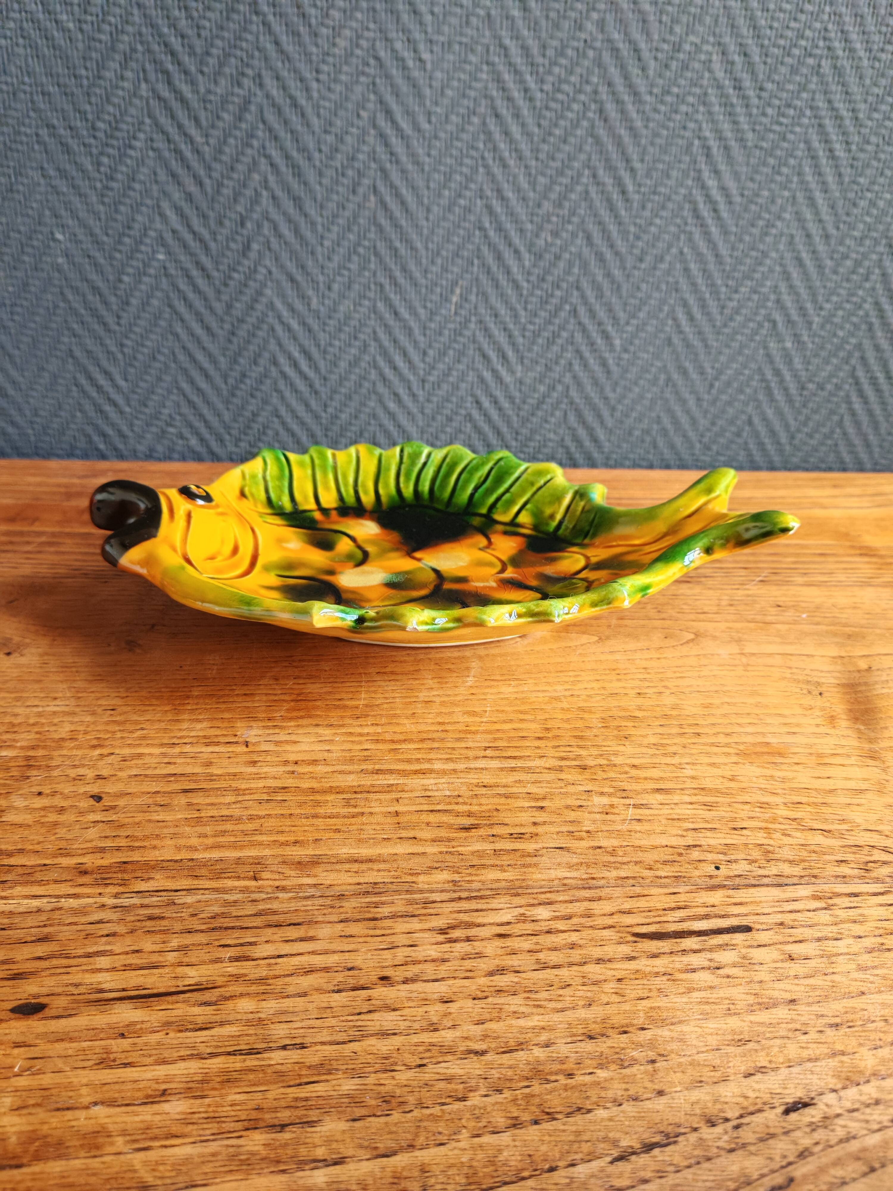 Vintage Fish Plate in Barbotine – Yellow Fish Serving Dish