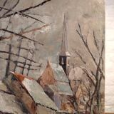 Oil on canvas landscape of a snowy cottage