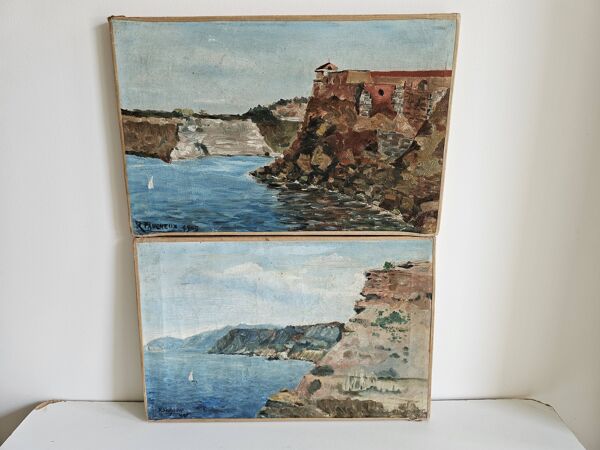 Ensemble de 2 Tableaux Huiles sur Toile Marine Falaises Signé R Faucheux 19