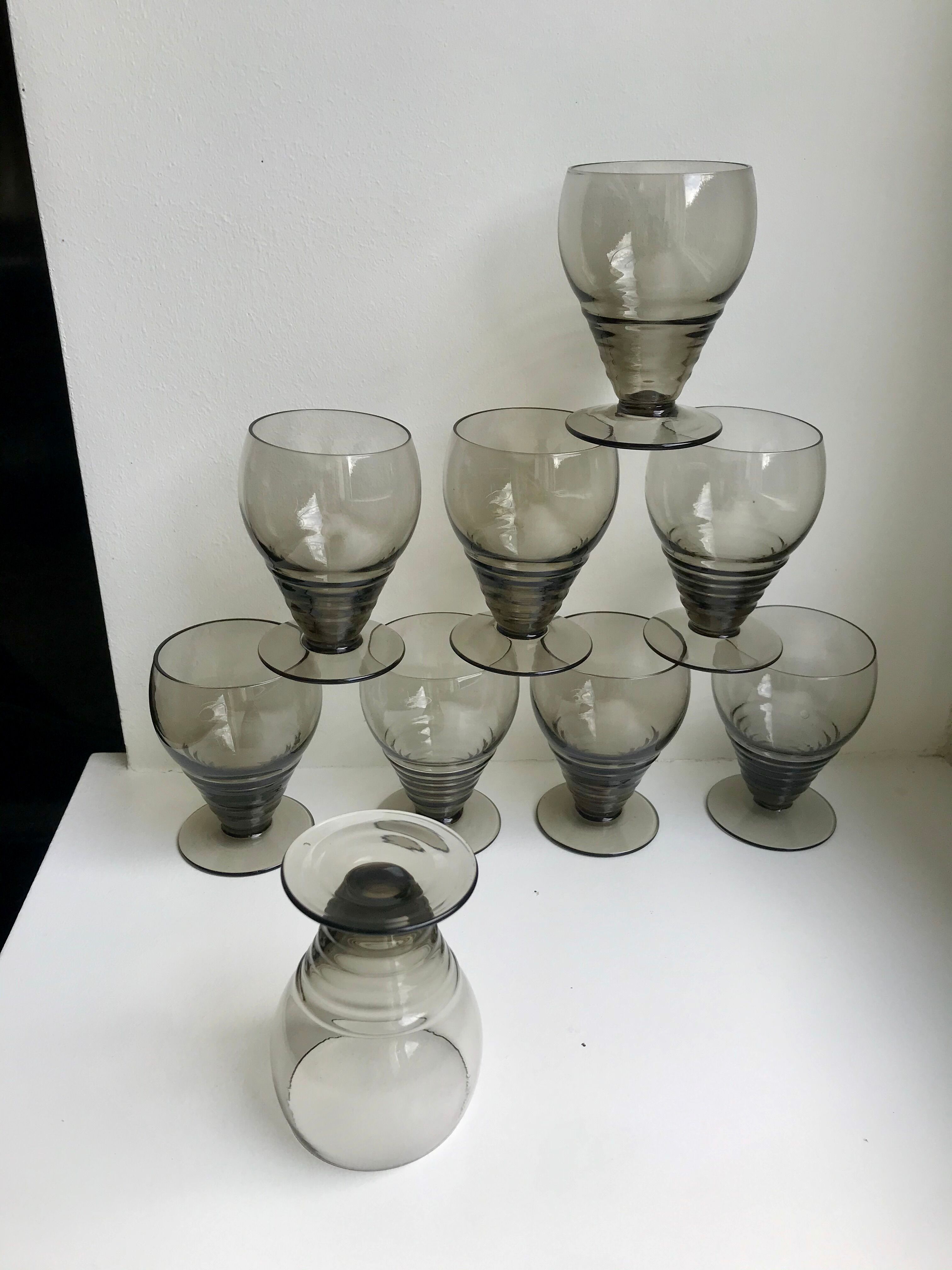 Set of 9 art deco liqueur glasses in smoked glass 30-40s
