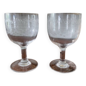 set of two old engraved crystal glasses