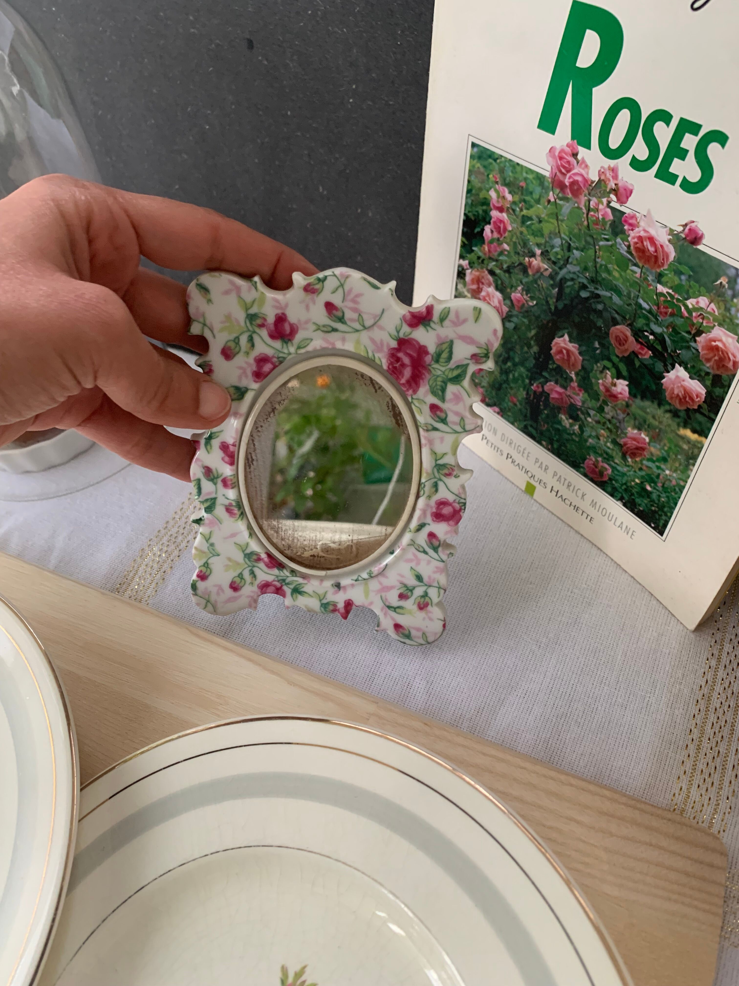 Antique porcelain mirror pink pattern