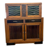 Vintage Art Deco display cabinet in wood with green stained glass.