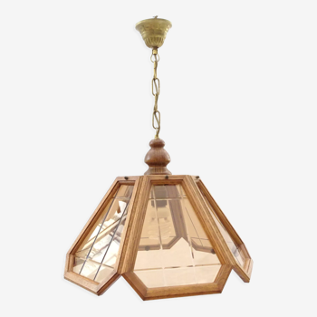 Octagonal pendant light with 6 sides in glass and wood