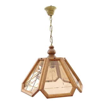 Octagonal pendant light with 6 sides in glass and wood