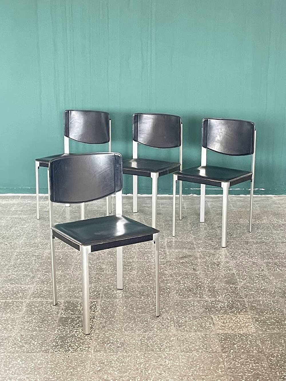 Set of 4 Matteo Grassi Postmodern Black Leather Dining Chairs, Italy, 1980s